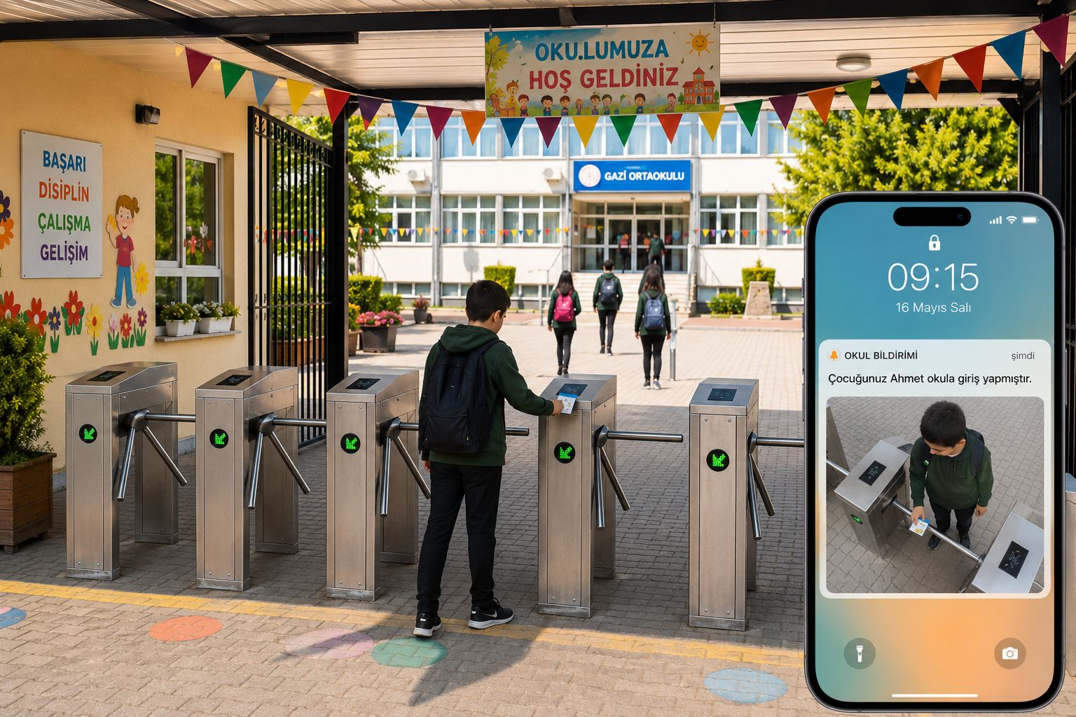 Okul girişinde turnikeden kartıyla geçen öğrenci ve veliye ulaşan mobil bildirim